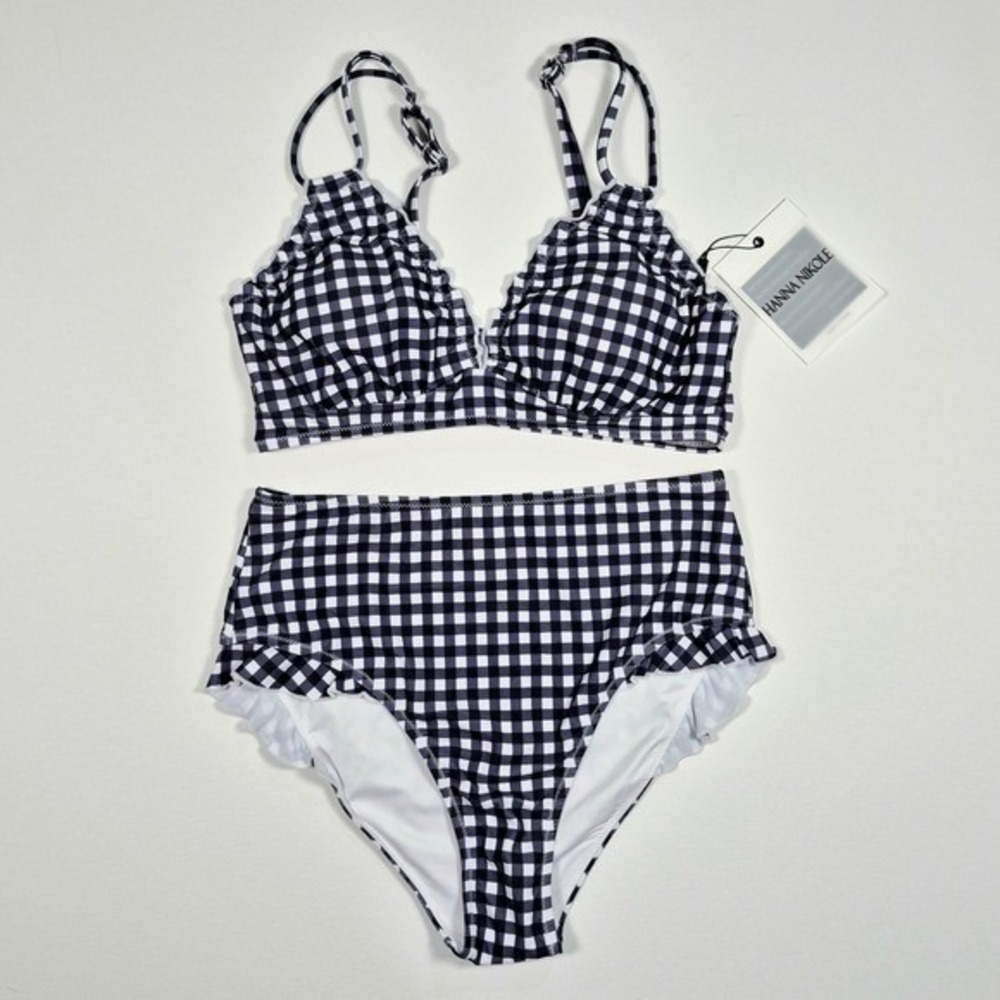 Hanna Nikole Black White Gingham Ruffle High Waist Bikini Set NWT Medium